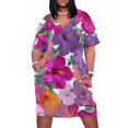 thumbnail image 1 of Vibrant Hibiscus Floral Seamless Pattern Summer Sundress for Curve Women Casual Pattern Plus Size V Neck Short Sleeve Loose Fit Oversize Dresses, 1 of 5