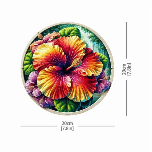 Vibrant Hibiscus Flowers Circular Metal Wall Art, 8 Inch - Durable Iron Outdoor & Indoor Decor, Novelty Hippie Garden Decoration, Ideal for Patio, Home & Dorm Decor, Perfect Gift for Women