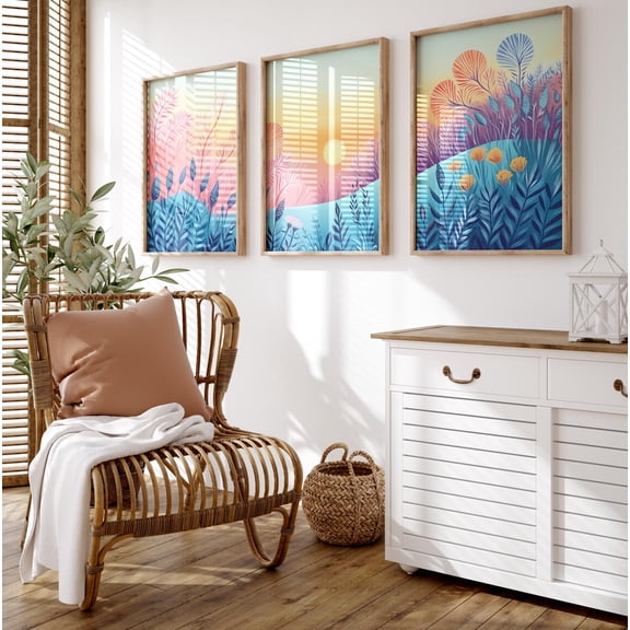 Vibrant Hillside Landscape Poster Colorful Pastel Floral Print Classic SunSet Poster Decor Set 3