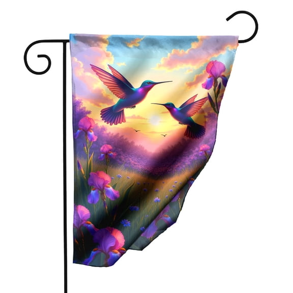 Vibrant Hummingbird Garden Flag with Pink Purple Irises and Sunset Design Double Sided Polyester Decorative Outdoor Yard Flag for Spring Summer 12.5 x 18 Inch#24841