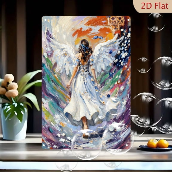Vibrant Impressionist Oil Painting of Angel with White Wings and Sparkling Gown, 8x12 Inches Metal Wall Art for Living Room Decor, Celestial Swirl Background with Golden Cross