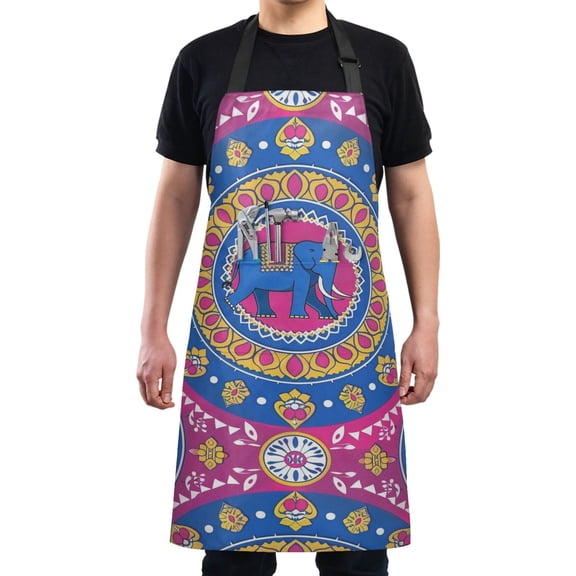 Vibrant Indian Elephant Kitchen Apron with 2 Pockets Adjustable waterproof Cooking Aprons for Women Men Chef