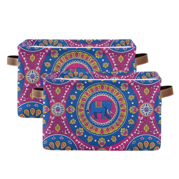 Vibrant Indian Elephant Storage Bins with Handle Fabric Organizer Basket Foldable Box 2 Pack 14.2x10.2x8.3