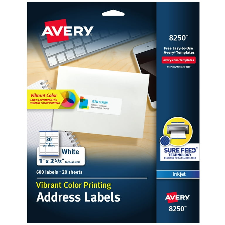 Vibrant Inkjet Color-Print Labels w/ Sure Feed, 1 x 2.63, Matte White, 600/PK