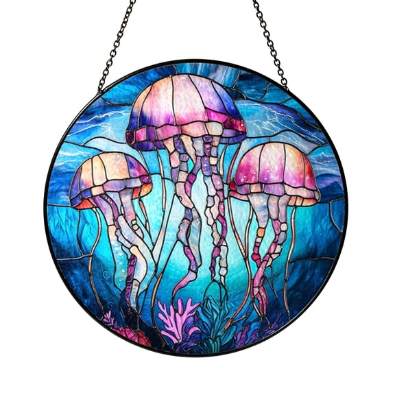 Vibrant Jellyfish Scene Stained Glass Style Window Panel