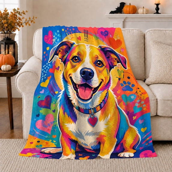 Vibrant Joyful Dog Portrait Hearts, Cozy Pet Portrait Pattern, Warm Flannel Blanket for Living Room and Bedroom, Dog Lovers Just Because Gift, Pet Lover Home Decor