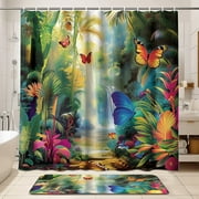 Vibrant Jungle Butterfly Shower Curtain Set Optic Illusion Design Romantic Riverscapes Elba Damast Warm Tones