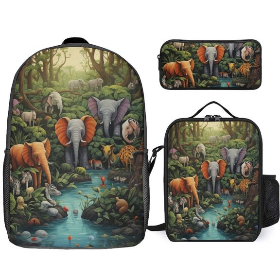 Vibrant Jungle Wildlife Scene 3pcs/Set Bags Laptop Daypack Backpack Lunch Bag Pencil Case
