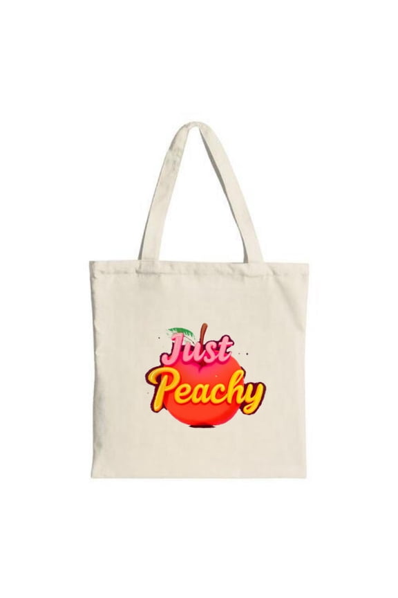 Vibrant " Just Peachy " Canvas Tote Bag with Colorful Text & Playful Peach Graphic - Perfect for Shopping Travel & Parties