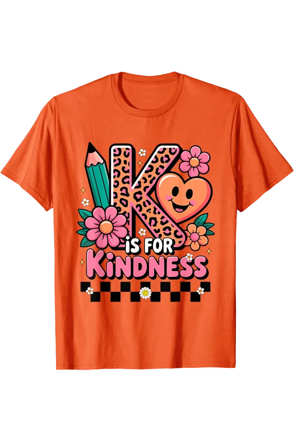 Vibrant Kindness Orange T-Shirt with Groovy Leopard Print 'K' Design for Teachers