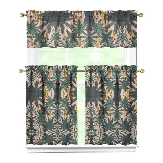 Vibrant Kitchen Curtains Set, Rod Pocket Tier and Valance, Tropical Palm Trees and Boho Style Kitchen Curtains