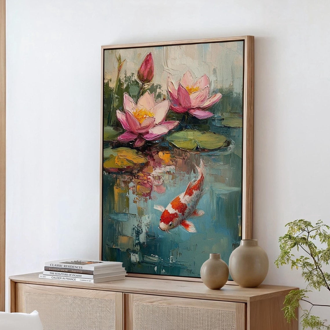 Vibrant Koi Fish And Pink Water Lilies – Textured Oil Painting Of A ...