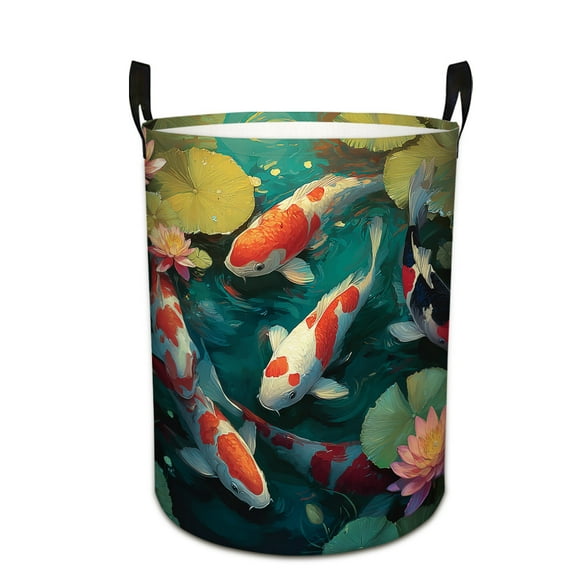 Vibrant Koi Fish and Lotus Print Laundry Basket Storage Bin Foldable Large Capacity Round Hamper for Bedroom Laundry Room Dorm