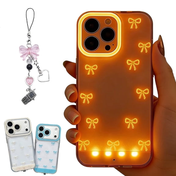 Vibrant LED Bowknot Phone Case, Built-in LED Colorful Glowing Cell Phone Cover, Incoming Call LED Flash Light-Up Case for Phones 14/15/16/17 Pro/Pro Max
