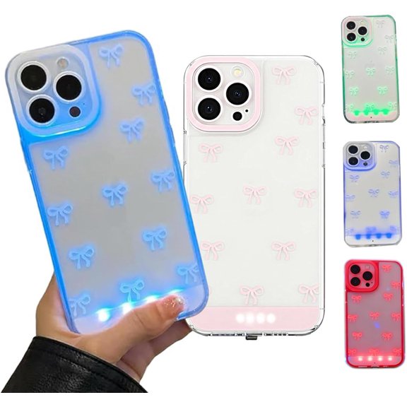 Vibrant LED Bowknot Phone Case, Built-in LED Phone Case, Incoming Call Flash Light Up Phone Case for iPhone 13/14/15/16/17 Pro/Plus/Pro Max (Pink, iPhone 17 pro)