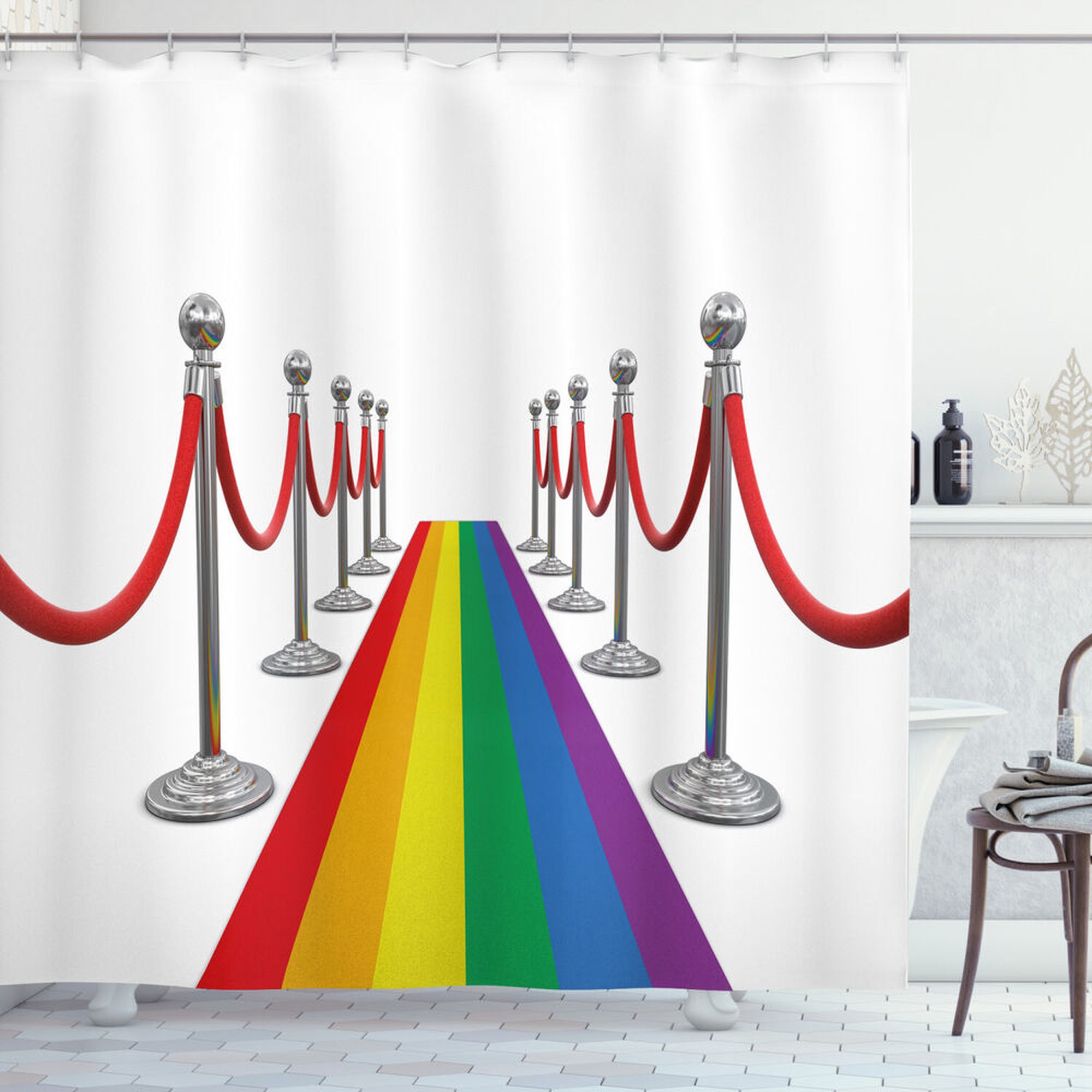 Vibrant LGBTQ+ Pride Shower Curtain 70" Length, Rainbow Stanchions