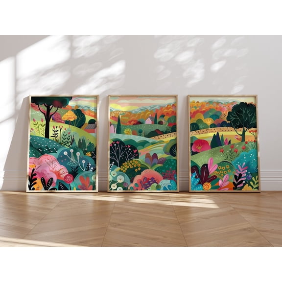 Vibrant Landscape Wall Art Maximalist Floral Print Abstract Colorful Patchwork Scenery Set 3 Unframed Paper Print 8x12