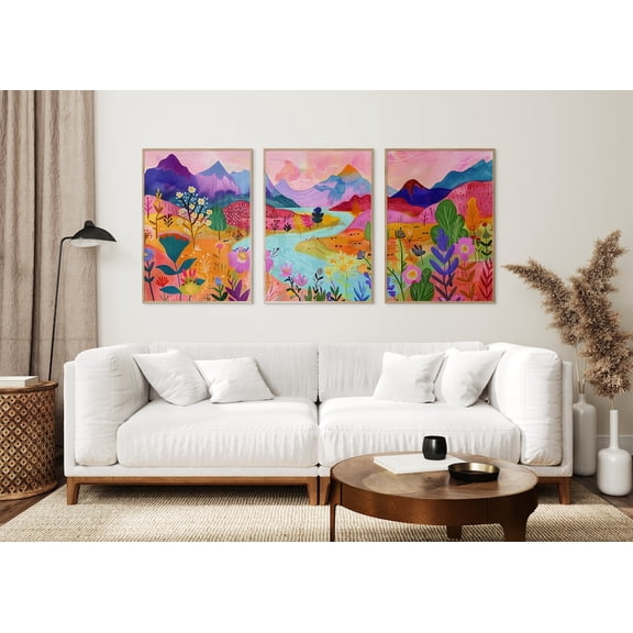 Vibrant Landscape Wall Art Maximalist Floral Print Abstract Colorful Patchwork Scenery Set 3 Unframed Paper Print 8x12