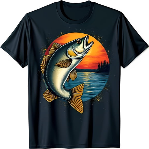 Vibrant Largemouth T-Shirt Fish Leap Design with Sunset Reflection