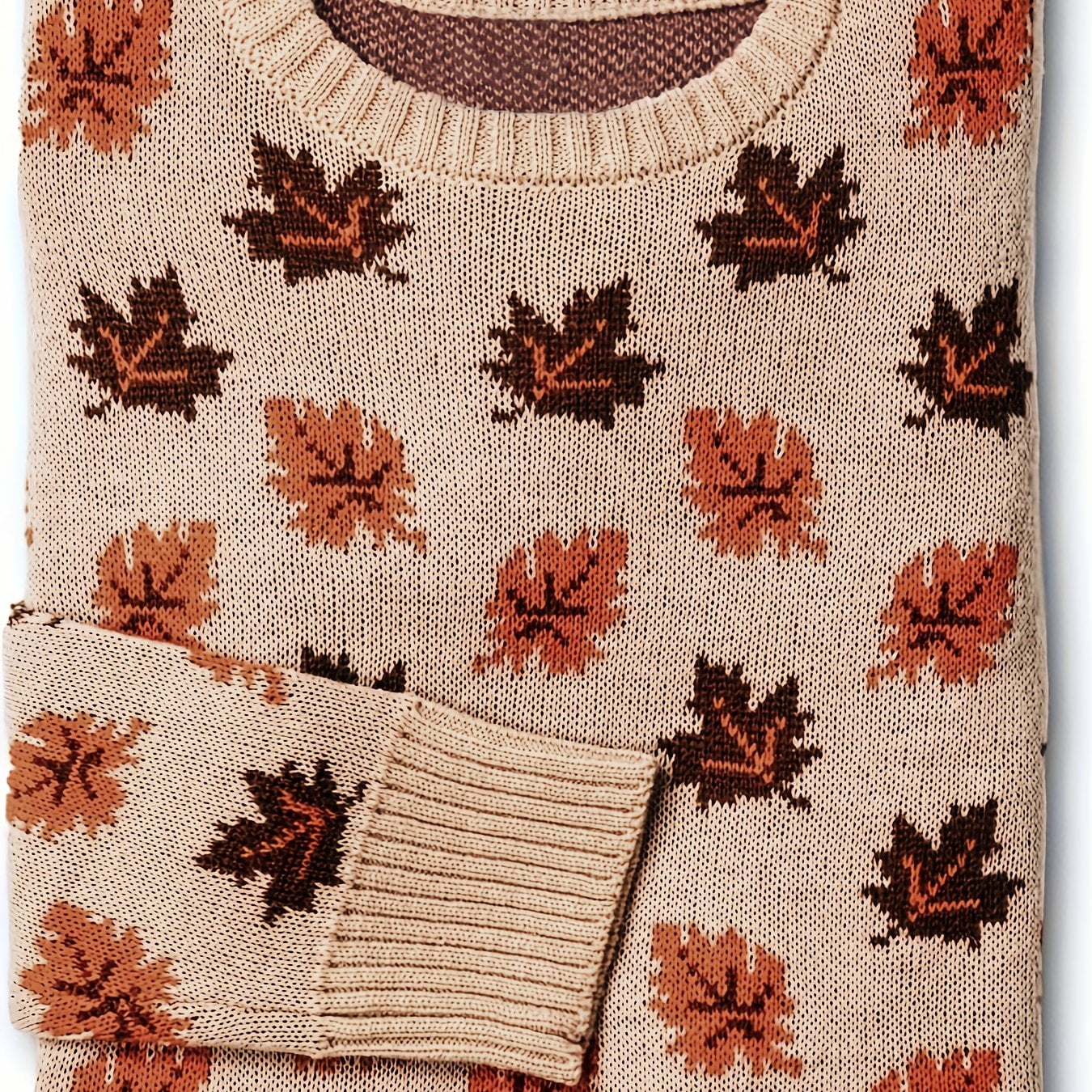 Vibrant Leaf Pattern Crew Neck Sweater Soft, Cozy, and Warm Long