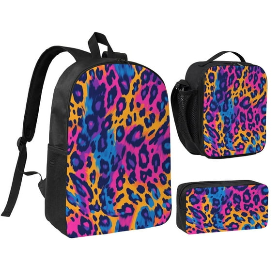 Vibrant Leopard Print Backpack 17 Inch Set with Lunch Bag and CaseDurableTravel Bag Combo for Work Commuting Daily Use