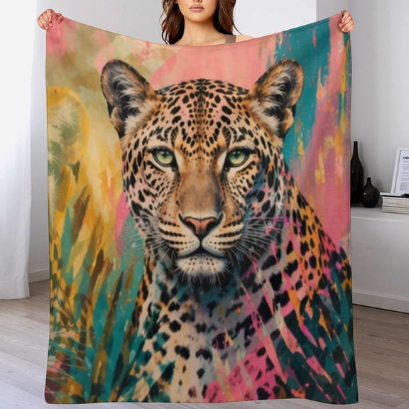 Vibrant Leopard Print Flannel Blanket Boho Chic Colorful Throw Blanket Lightweight Warm Blanket Air Conditioned Rooms In Summer,Bedroom Living Room Decor, All Seasons Multiple Sizes
