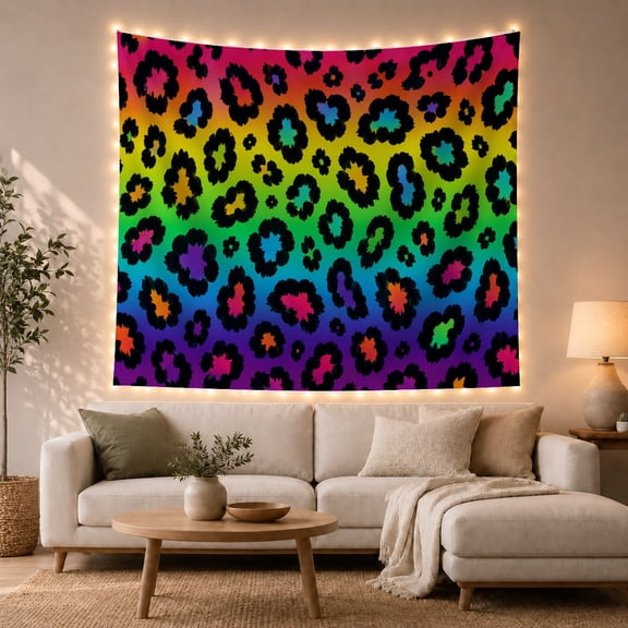 Vibrant Leopard Rosettes on Rainbow Gradient Background, Energetic Psychedelic for Teen Girls, Bold Pop Art Decor, Birthday Gift, Tapestry Wall Hanging for Dorm and Bedroom