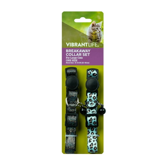 Vibrant Life 2-Pack Wide Cat Collar, Black with Silver Dots, and Mulit Leopard, One Size