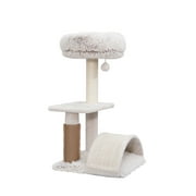 Vibrant Life 3-Level 27.8" Tall Cat Tree with Scratching Arc, Full Body Groomer, Cream