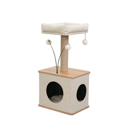 Vibrant Life 3-Level 30" Minimalist Cat Tree with Large Condo and Perch, 3 Toys, Beige