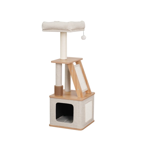 Open Box Vibrant Life 4-Level 42" Laminated Board Cat Tree with Condo Perch Sisal Scratcher, Beige