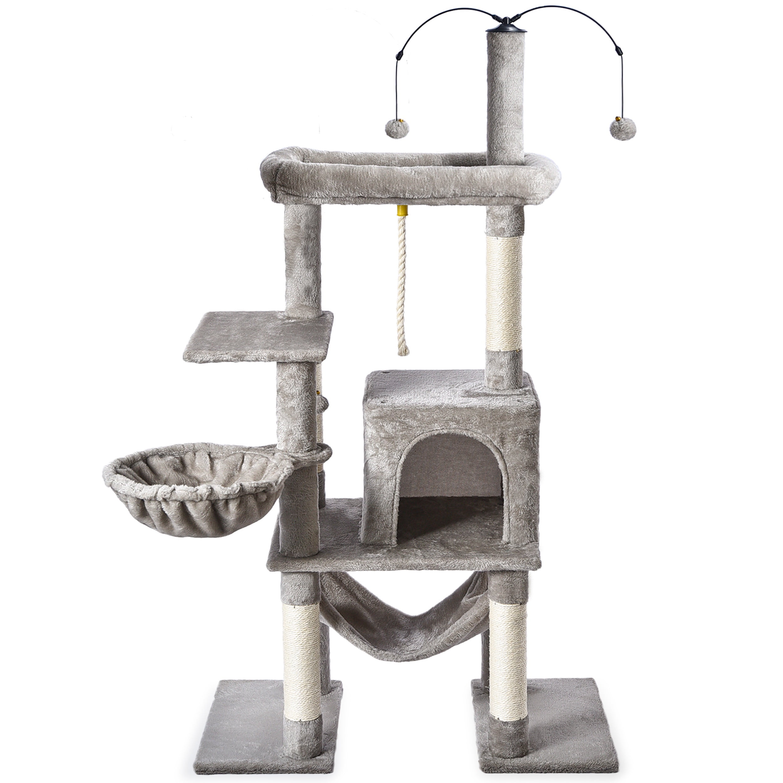 Vibrant Life 58.5 Inch Multi-Level Cat Tree Tower with Dangling Ball and Double Base, Light Gray