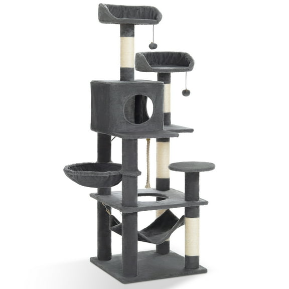Vibrant Life 60inch Multi-Level Cat Tree with Condo Scratching Post and Hammock,Gray