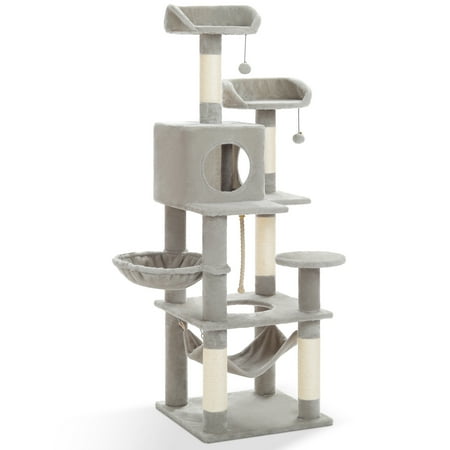 Vibrant Life 60inch Multi-Level Cat Tree with Condo Scratching Post and Hammock,Light Gray