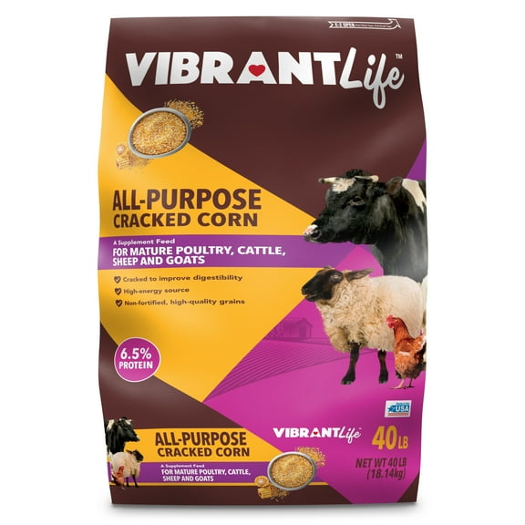 Vibrant Life All-Purpose Cracked Corn Animal Feed for Mature Poultry, Cattle, Sheep, and Goats, 40 lb