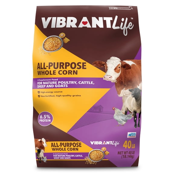 Vibrant Life All-Purpose Whole Corn Animal Feed for Mature Poultry, Cattle, Sheep, and Goats, 40 lb
