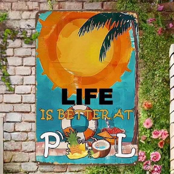Vibrant 'Life Is Better At The Pool' Metal Tin Sign 8x12 Inch Retro Summer Decor With Smiling Sun, Palm Trees & Fashion Glasses - Rustic Outdoor Wall Art For Poolside, Garden, Or Home, Pool Decor
