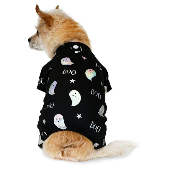Vibrant Life Halloween Pajamas for Dogs & Cats, Boo Foil Ghosts, Black, Extra Small