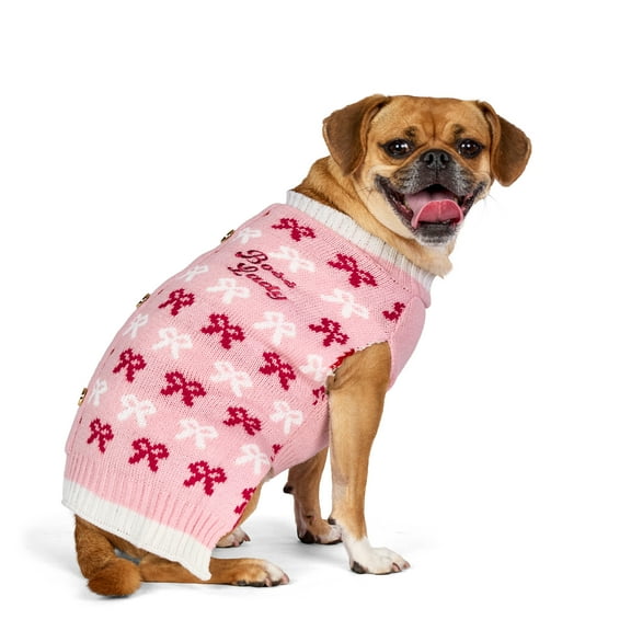 Vibrant Life Holiday Pet Sweater for Cats & Dogs, Boss Lady Bows, Pink, Small