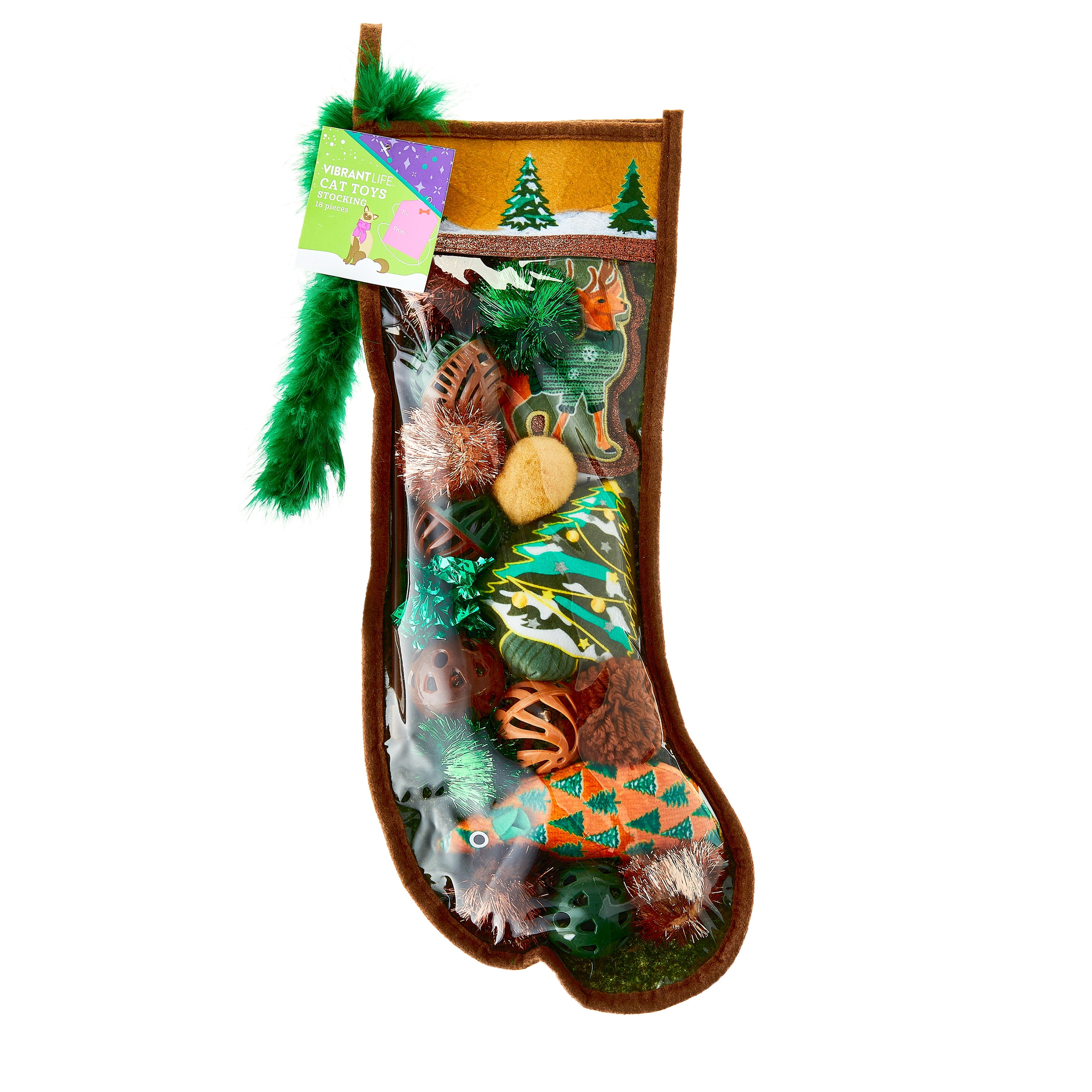 Vibrant Life Holiday 18-Piece Cat Toy Stocking Gift Set, Brown