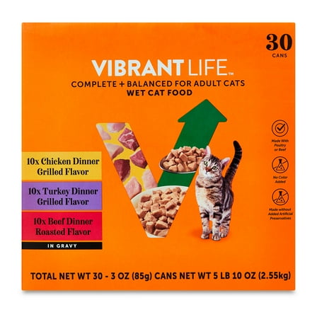 Vibrant Life Variety Pack Grilled & Roasted Flavor in Gravy Wet Cat Food, 3 oz Cans, 30 Count