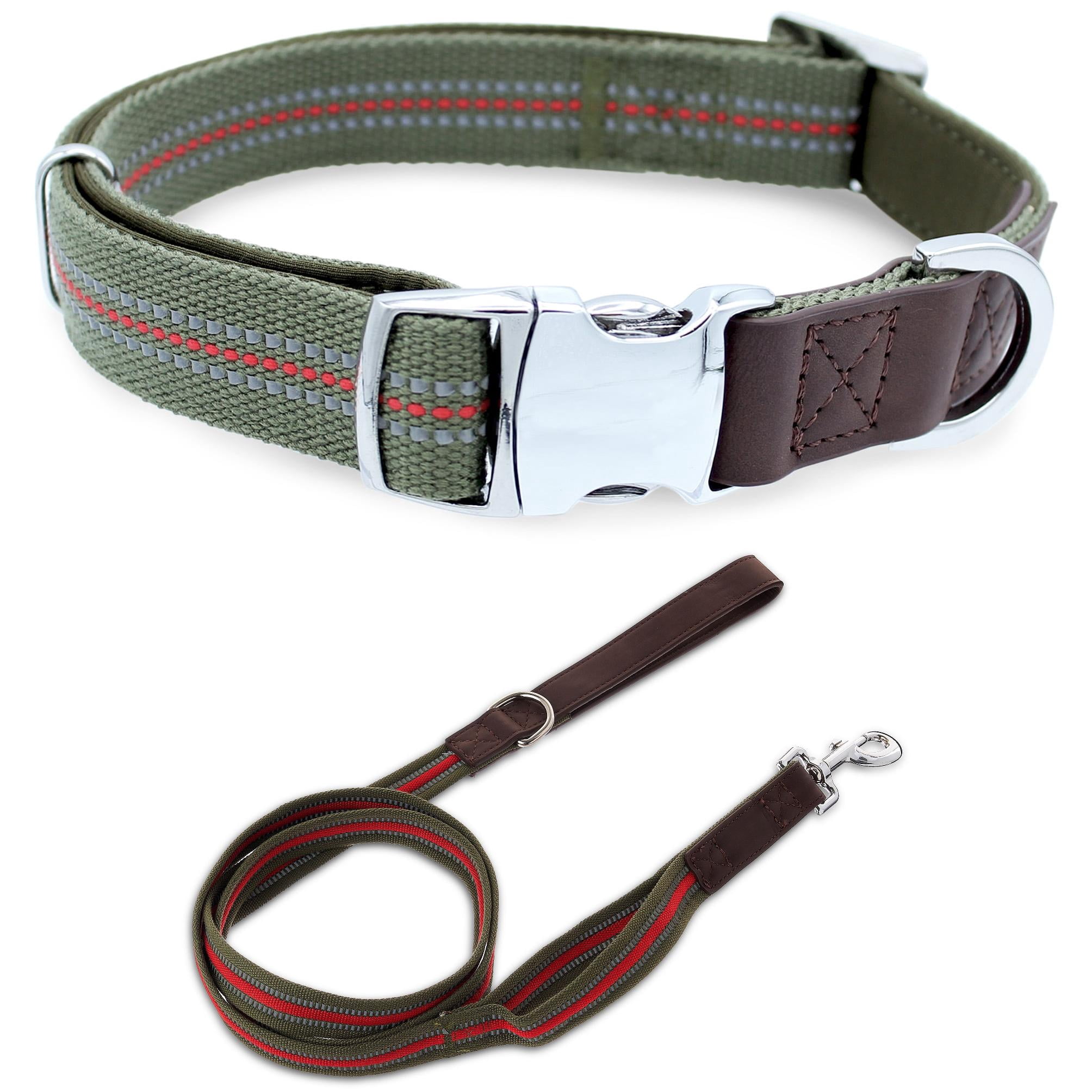Vibrant Life Comfort Premium Reflective Dog Collar Small and 6ft Leash, Metal Buckle, Olive Green, Size Small