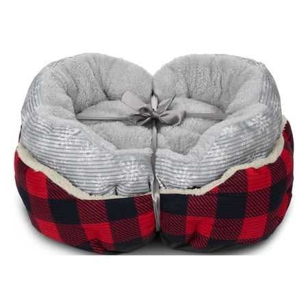Vibrant Life Cuddler Small Cat / Dog Bed Gift Set, Red/Black Buffalo and Grey Snow Flake