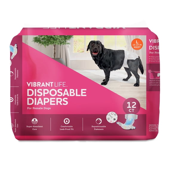 Vibrant Life Disposable Dog Diapers for Female Dogs, Large, 12 Count