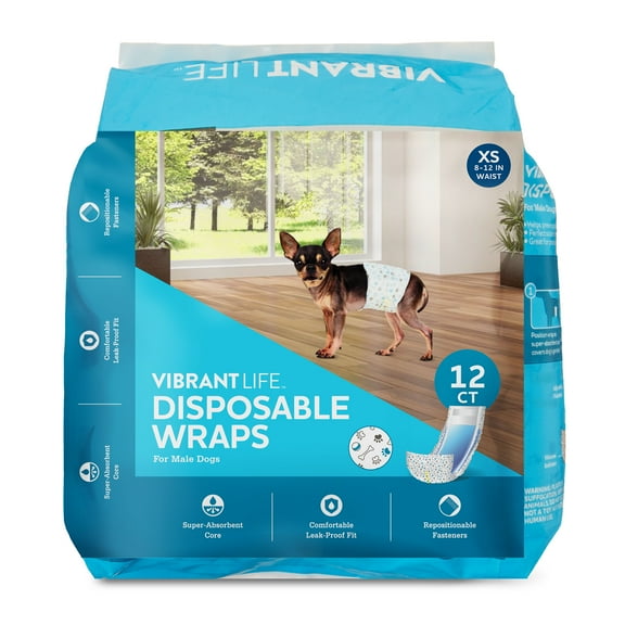 Vibrant Life Disposable Dog Wraps for Male Dogs, XS, 12 Count