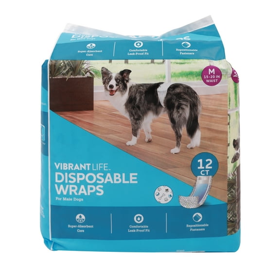 Vibrant Life Disposable Dog Wraps for Male Dogs, M, 12 Count