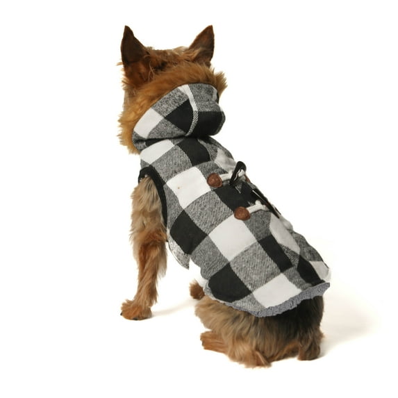 Vibrant Life Dog Clothes: Black & White Buffalo Plaid Peacoat, XS