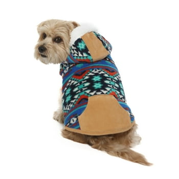 Vibrant Life Dog Clothes: Blue Fair Isle Print Fleece Hooded Jacket with Corduroy Trim, S