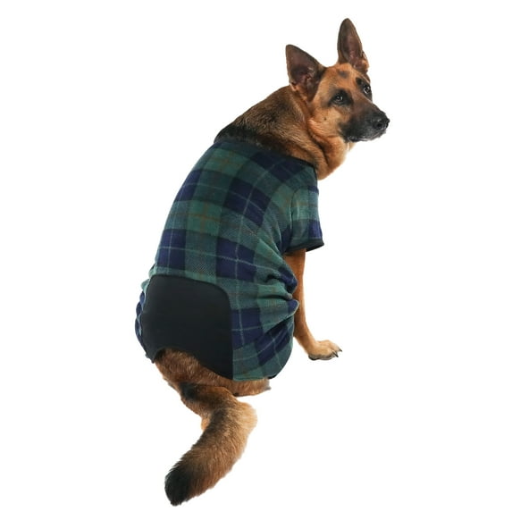 Vibrant Life Dog Clothes: Blue & Green Plaid Fleece Pajamas, Size L