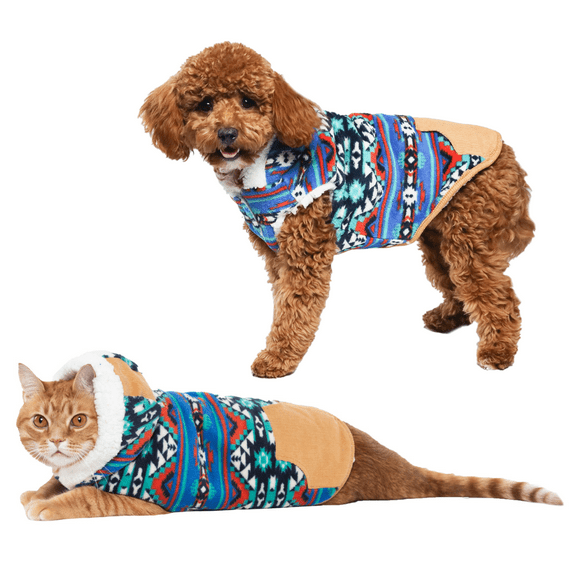 Vibrant Life Dog Clothes: Blue Print Fleece Hooded Jacket with Corduroy Trim, Size L
